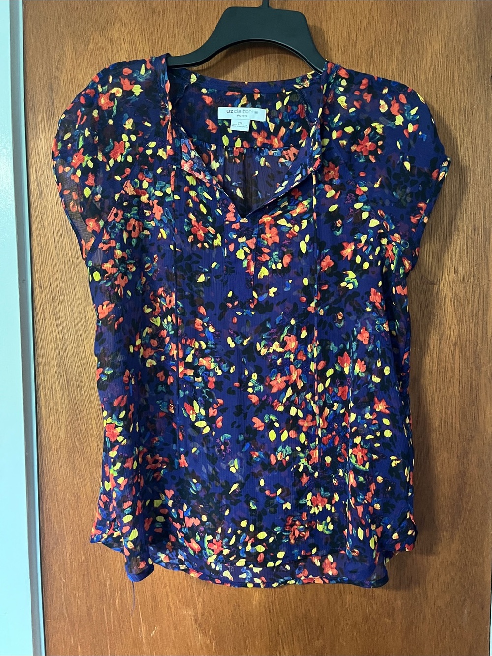 Liz Claiborne Navy Floral Cap-Sleeve V-Neck Blouse